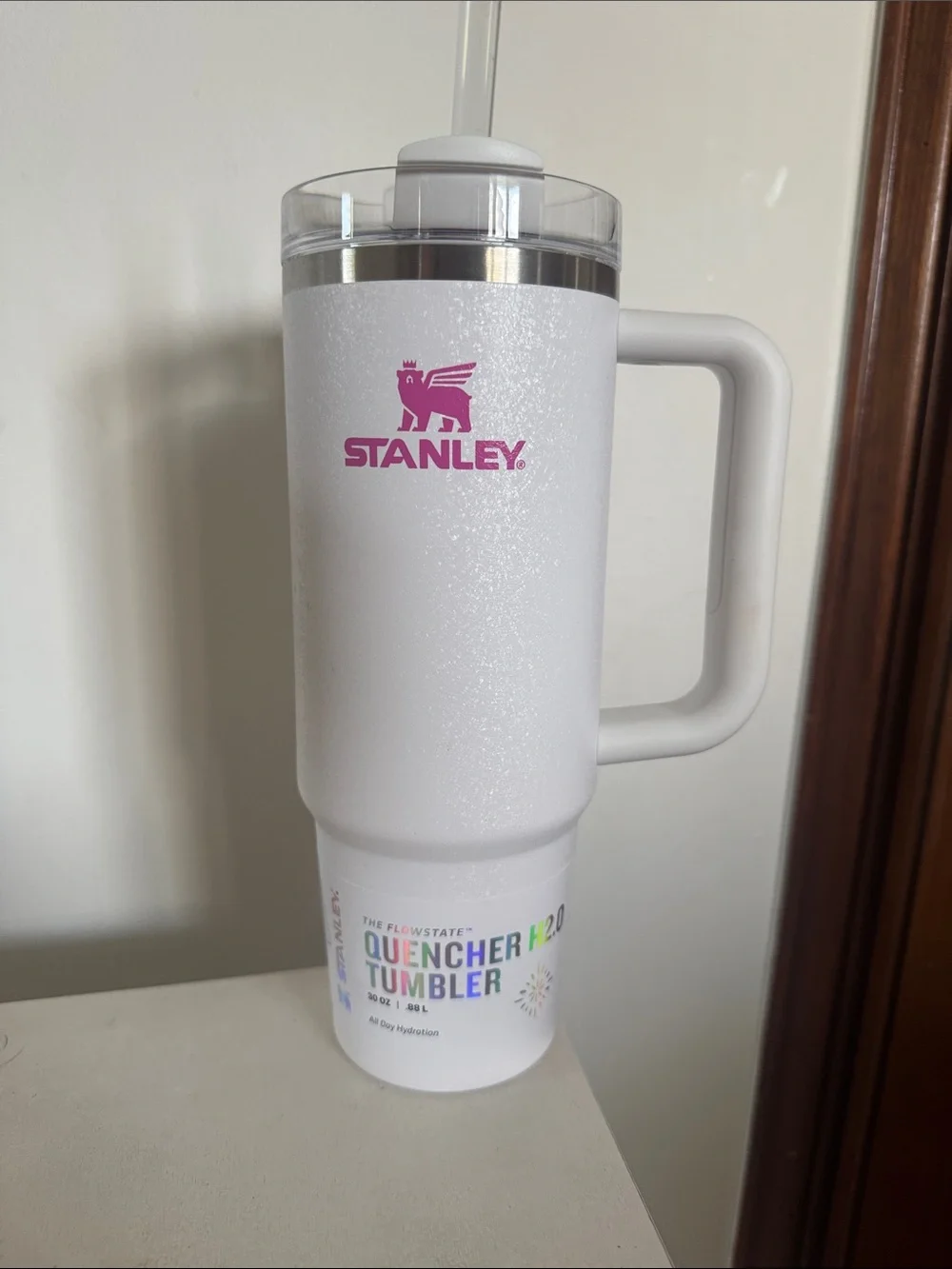 Stanley White Tumbler with Pink Logo and Handle